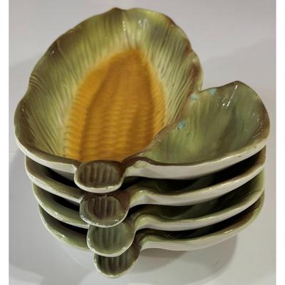 4 Vintage Corn On Cob Ceramic Serving Dishes Set Made In Italy Tusk yellow Green