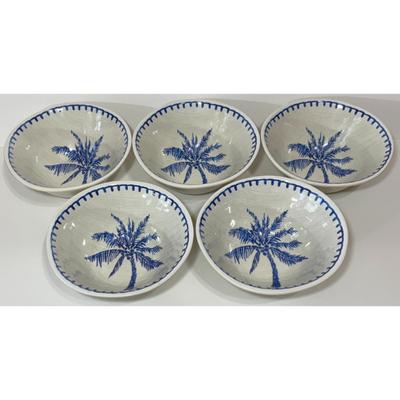 5 Vintage Blue & White Palm Tree Plastic Bowls Tropical Top Rack Dishwasher Safe