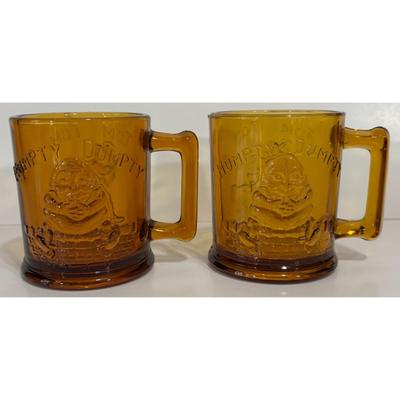 2 Vintage Humpty Dumpty & Tom Tom The Piper's Son Amber Glass Mugs
