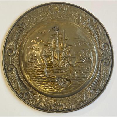 2 Vintage Nautical Ship Ocean Metal Pressed Decorative Ready To Hang Wall Plates