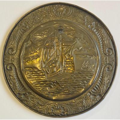 2 Vintage Nautical Ship Ocean Metal Pressed Decorative Ready To Hang Wall Plates