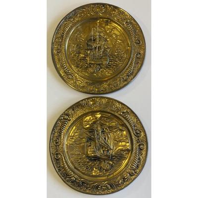 2 Vintage Nautical Ship Ocean Metal Pressed Decorative Ready To Hang Wall Plates