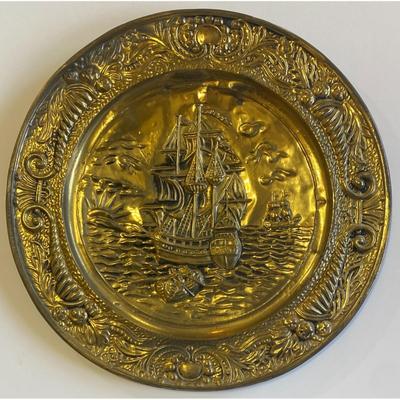 2 Vintage Nautical Ship Ocean Metal Pressed Decorative Ready To Hang Wall Plates