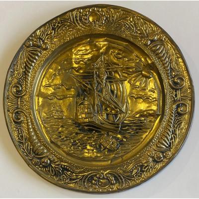 2 Vintage Nautical Ship Ocean Metal Pressed Decorative Ready To Hang Wall Plates