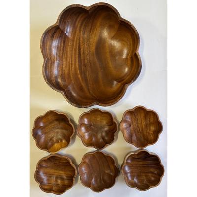 Vintage MCM 7 Piece Scalloped Monkey Pod Wooden Bowl Set Philippines Mid Century
