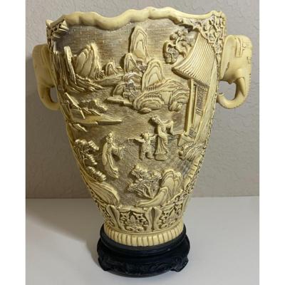 Vintage Chinese White Lacquer w/ Black Base Vase Asian Scenes Elephant Handles