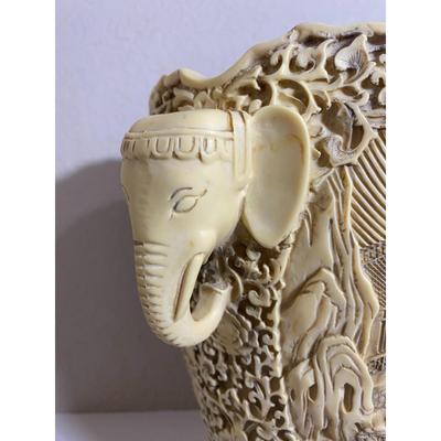 Vintage Chinese White Lacquer w/ Black Base Vase Asian Scenes Elephant Handles