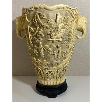 Vintage Chinese White Lacquer w/ Black Base Vase Asian Scenes Elephant Handles