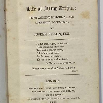 Antique Life of King Arthur From Ancient Historians By Joseph Ritson 1825 HC