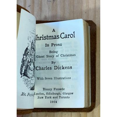 Antique Mini Christmas Carol By Charles Dickens 1904 2.25" x 1.5" Leather Cover