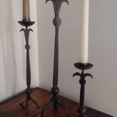 Set of Three Hand Cut and Forged Wrought Metal Candlestick Holders