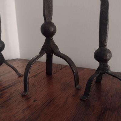 Set of Three Hand Cut and Forged Wrought Metal Candlestick Holders