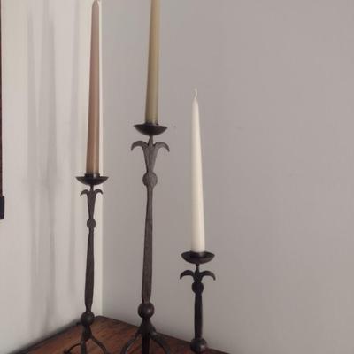 Set of Three Hand Cut and Forged Wrought Metal Candlestick Holders