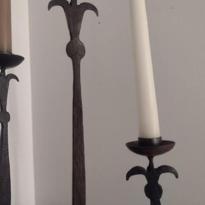 Set of Three Hand Cut and Forged Wrought Metal Candlestick Holders