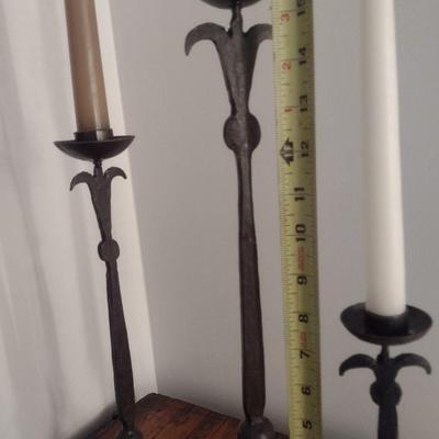 Set of Three Hand Cut and Forged Wrought Metal Candlestick Holders