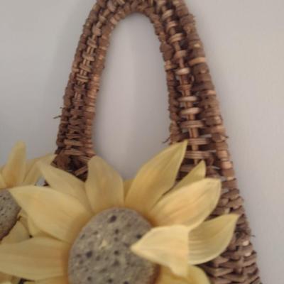 Large Natural Organic Reed Weave Basket Wall Pocket with Artificial Flower Arrangement