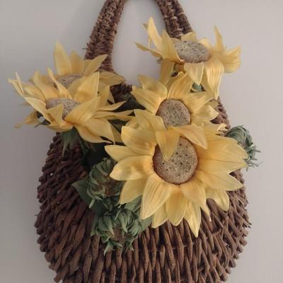 Large Natural Organic Reed Weave Basket Wall Pocket with Artificial Flower Arrangement