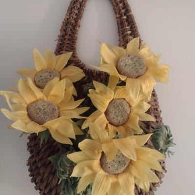 Large Natural Organic Reed Weave Basket Wall Pocket with Artificial Flower Arrangement