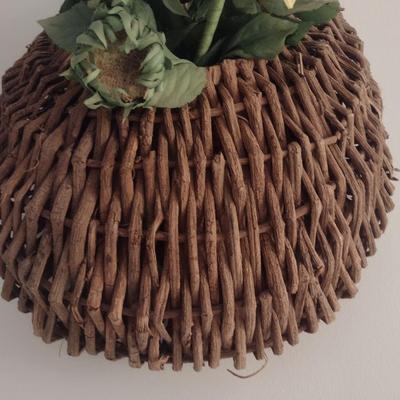 Large Natural Organic Reed Weave Basket Wall Pocket with Artificial Flower Arrangement