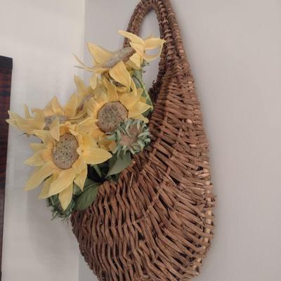Large Natural Organic Reed Weave Basket Wall Pocket with Artificial Flower Arrangement