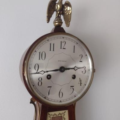 Antique Seth Thomas Banjo Wall Clock with Mahogany Case Key-Wind and Pendulum