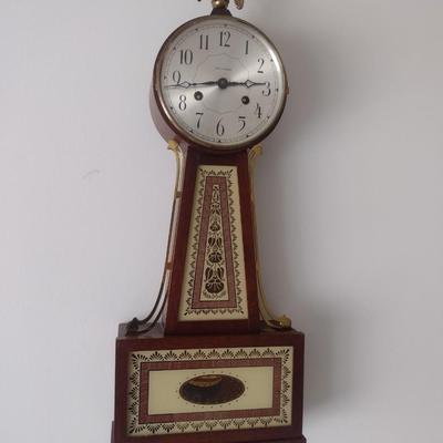 Antique Seth Thomas Banjo Wall Clock with Mahogany Case Key-Wind and Pendulum