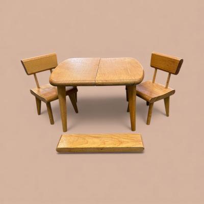 Vintage Strombecker Wooden Dollhouse Dining Room Table and Two Chairs