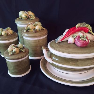 Arnart/Capodimonte Garden Harvest Soup Tureen w/ Lemon Lime Canisters (P-BBL)