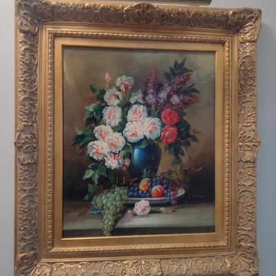 Original Oil on Canvas Still Life Floral Arrangement in Gilt Frame