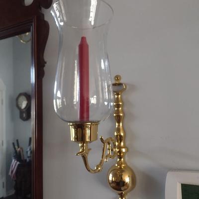 Pair of Matching Brass Single Arm Candelabra Wall Sconces with Clear Glass Shades