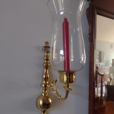Pair of Matching Brass Single Arm Candelabra Wall Sconces with Clear Glass Shades