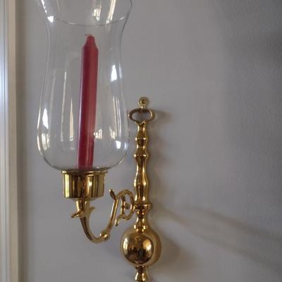 Pair of Matching Brass Single Arm Candelabra Wall Sconces with Clear Glass Shades