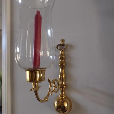 Pair of Matching Brass Single Arm Candelabra Wall Sconces with Clear Glass Shades