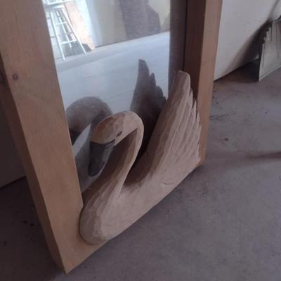 Folk Art Swan and Heart Wood Framed Mirror by Raintree Carvings Lancaster, PA