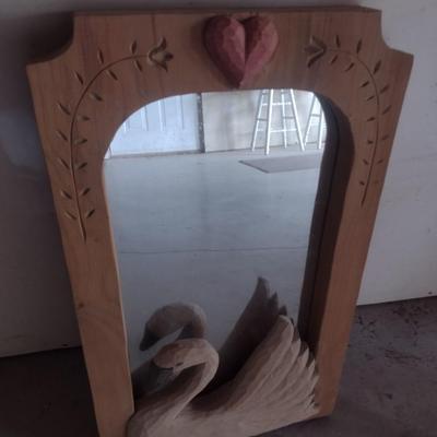 Folk Art Swan and Heart Wood Framed Mirror by Raintree Carvings Lancaster, PA