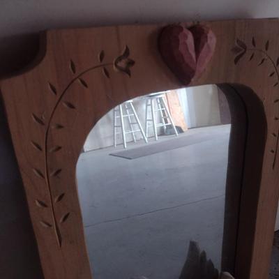 Folk Art Swan and Heart Wood Framed Mirror by Raintree Carvings Lancaster, PA