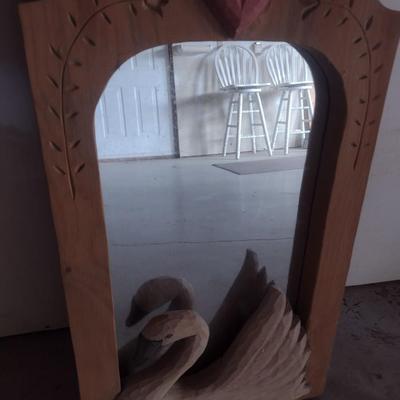 Folk Art Swan and Heart Wood Framed Mirror by Raintree Carvings Lancaster, PA
