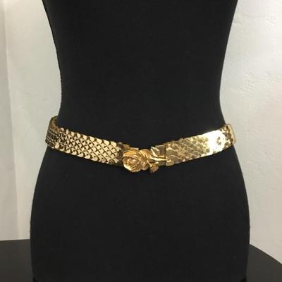 Vintage Gold tone, metallic belt with fish, scale, design, and flower clasp