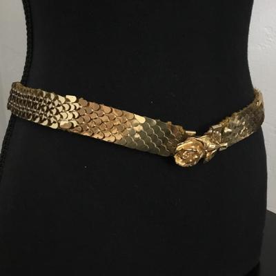 Vintage Gold tone, metallic belt with fish, scale, design, and flower clasp