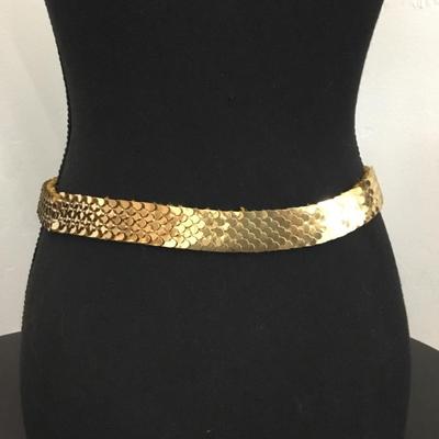 Vintage Gold tone, metallic belt with fish, scale, design, and flower clasp