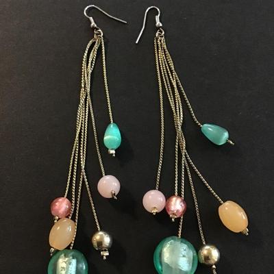 Gold tone multicolored glass bead dangle earrings