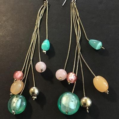 Gold tone multicolored glass bead dangle earrings
