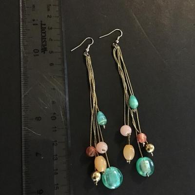 Gold tone multicolored glass bead dangle earrings