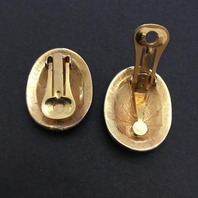 Vintage, oval, gold town, heavy metal green enamel clip on earrings