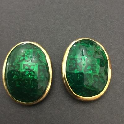 Vintage, oval, gold town, heavy metal green enamel clip on earrings