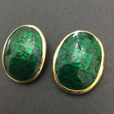 Vintage, oval, gold town, heavy metal green enamel clip on earrings