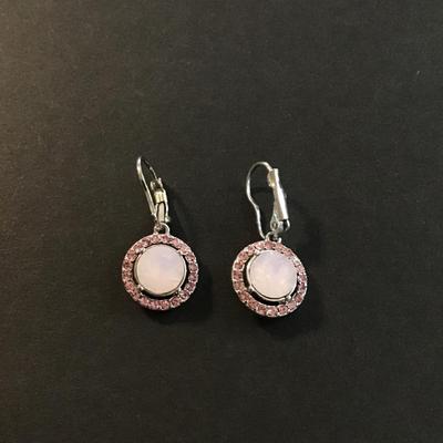 Pretty silver tone earrings with pink rhinestones
