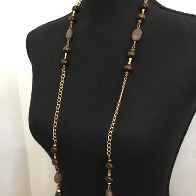 Pretty vintage, gold tone, faux, tigers, eye bead, long statement, necklace