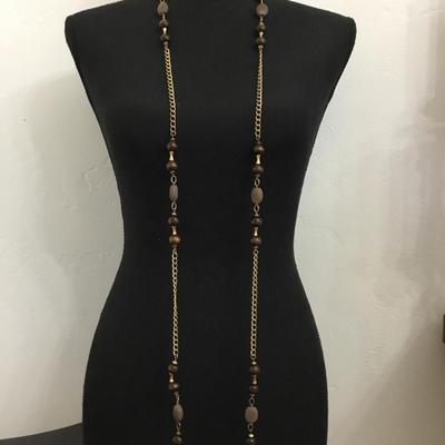 Pretty vintage, gold tone, faux, tigers, eye bead, long statement, necklace