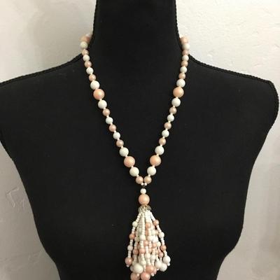 Vintage, white and light peach tassel bead necklace
